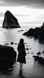 Preview wallpaper girl, silhouette, sea, mountains, black and white