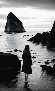 Preview wallpaper girl, silhouette, sea, mountains, black and white