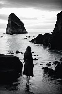 Preview wallpaper girl, silhouette, sea, mountains, black and white