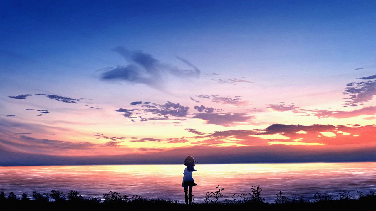 Wallpaper girl, silhouette, sea, dusk, horizon