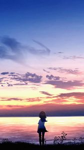 Preview wallpaper girl, silhouette, sea, dusk, horizon