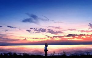 Preview wallpaper girl, silhouette, sea, dusk, horizon