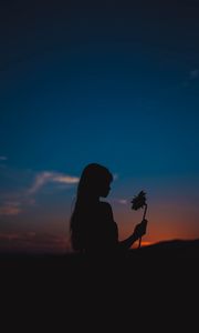 Preview wallpaper girl, silhouette, sunflower, flower, sunset