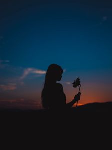 Preview wallpaper girl, silhouette, sunflower, flower, sunset