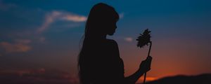 Preview wallpaper girl, silhouette, sunflower, flower, sunset