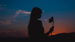Preview wallpaper girl, silhouette, sunflower, flower, sunset