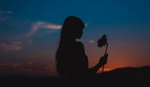 Preview wallpaper girl, silhouette, sunflower, flower, sunset