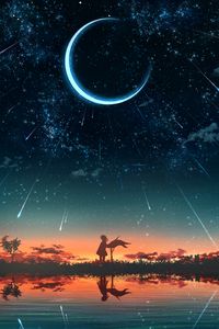 Preview wallpaper girl, silhouette, sunset, moon, stars, art