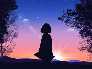 Preview wallpaper girl, silhouette, sunset, alone, art