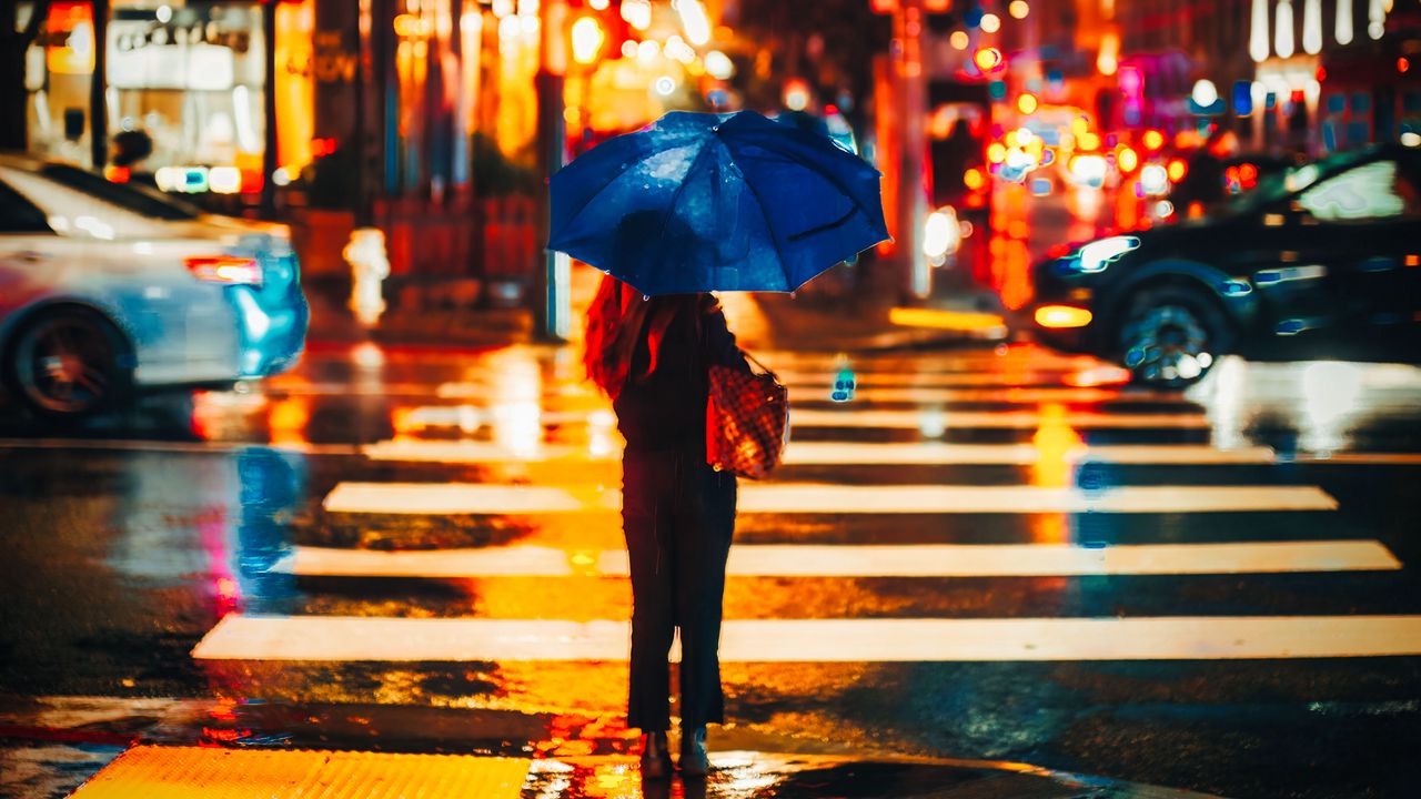 Wallpaper girl, silhouette, umbrella, street, night hd, picture, image
