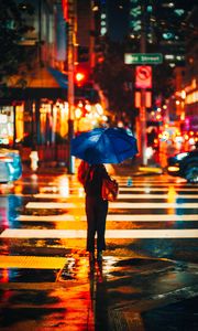 Preview wallpaper girl, silhouette, umbrella, street, night
