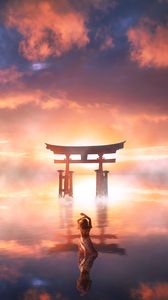Preview wallpaper girl, silhouette, water, fog, clouds