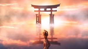 Preview wallpaper girl, silhouette, water, fog, clouds