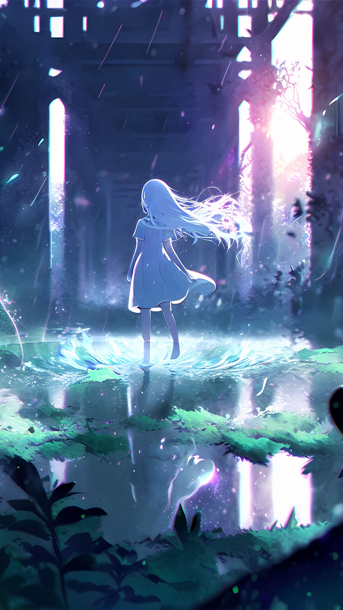 Download wallpaper 1350x2400 girl, silhouette, water, glow, anime ...