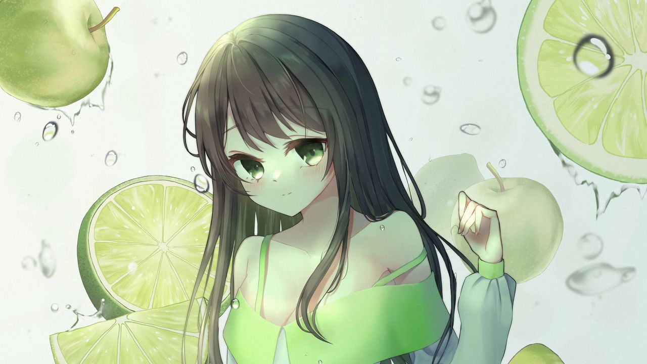 Wallpaper girl, skirt, apples, drops, water, anime, green