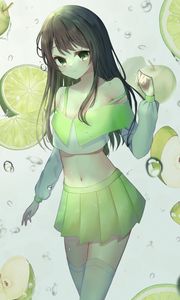 Preview wallpaper girl, skirt, apples, drops, water, anime, green