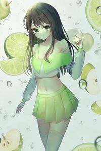 Preview wallpaper girl, skirt, apples, drops, water, anime, green