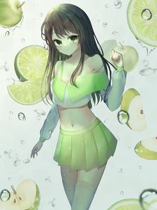 Preview wallpaper girl, skirt, apples, drops, water, anime, green