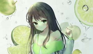 Preview wallpaper girl, skirt, apples, drops, water, anime, green