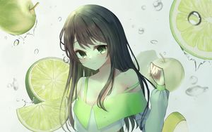 Preview wallpaper girl, skirt, apples, drops, water, anime, green