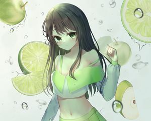 Preview wallpaper girl, skirt, apples, drops, water, anime, green