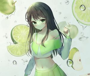 Preview wallpaper girl, skirt, apples, drops, water, anime, green