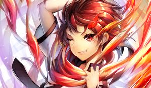 Preview wallpaper girl, skirt, fire, flame, anime