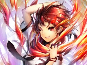 Preview wallpaper girl, skirt, fire, flame, anime