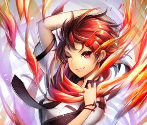 Preview wallpaper girl, skirt, fire, flame, anime