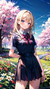 Preview wallpaper girl, skirt, flowers, trees, anime