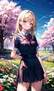 Preview wallpaper girl, skirt, flowers, trees, anime