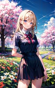 Preview wallpaper girl, skirt, flowers, trees, anime