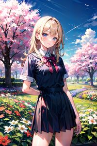 Preview wallpaper girl, skirt, flowers, trees, anime