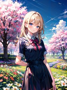 Preview wallpaper girl, skirt, flowers, trees, anime