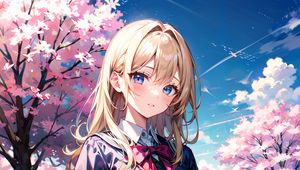 Preview wallpaper girl, skirt, flowers, trees, anime
