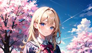 Preview wallpaper girl, skirt, flowers, trees, anime