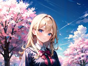 Preview wallpaper girl, skirt, flowers, trees, anime