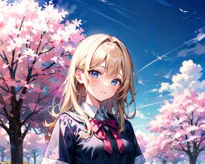 Preview wallpaper girl, skirt, flowers, trees, anime