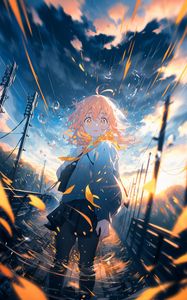 Preview wallpaper girl, skirt, leaves, wind, drops, anime