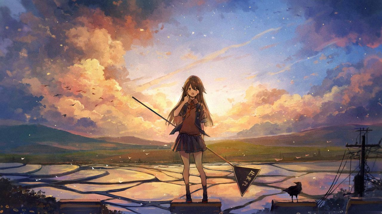 Wallpaper girl, skirt, sign, anime, art