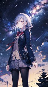 Preview wallpaper girl, skirt, starry sky, stars, anime