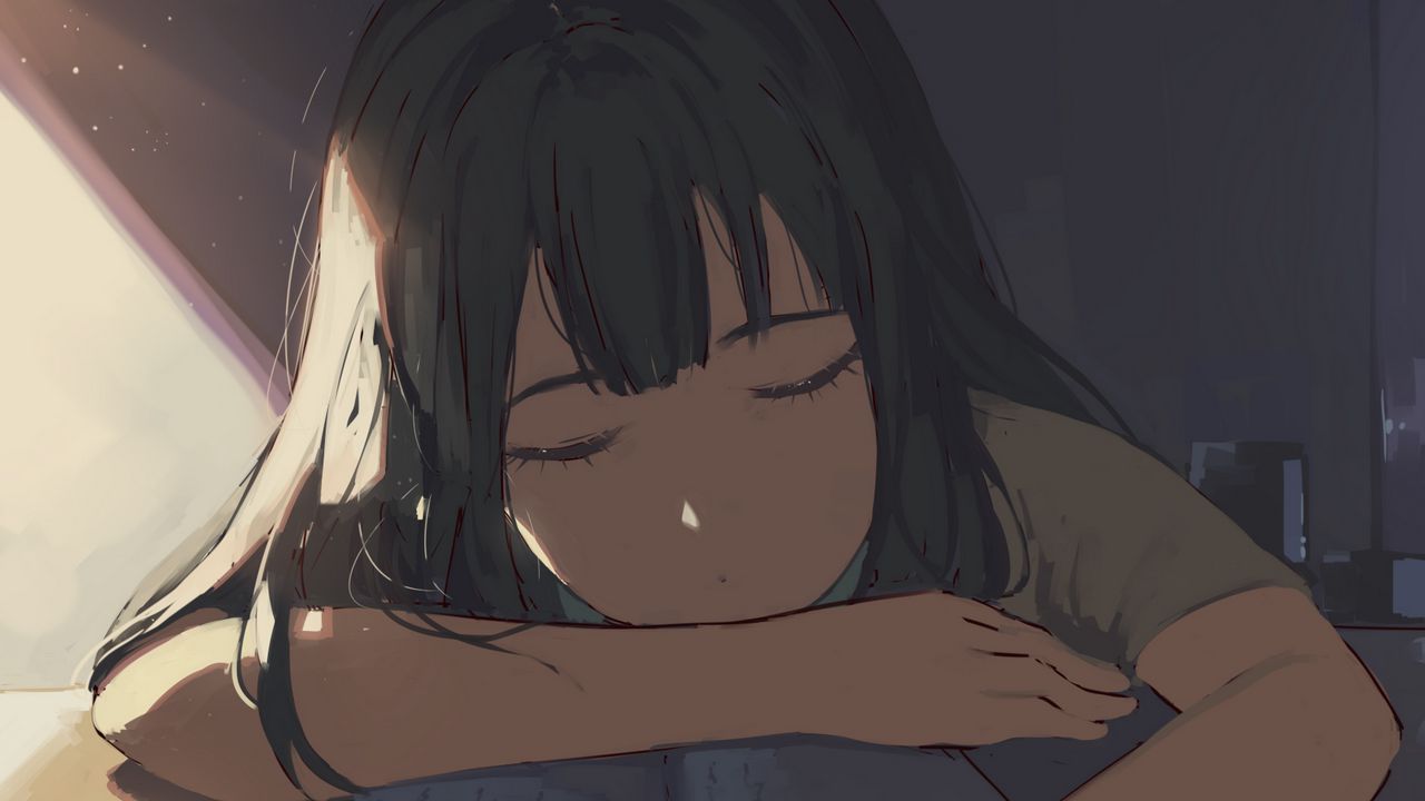 Wallpaper girl, sleep, study, anime