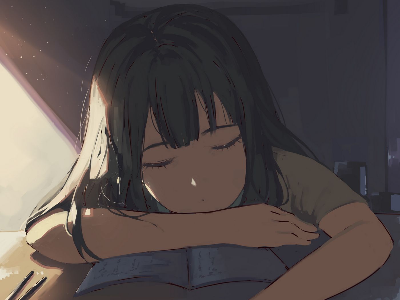 Download wallpaper 1400x1050 girl, sleep, study, anime standard 4:3 hd  background
