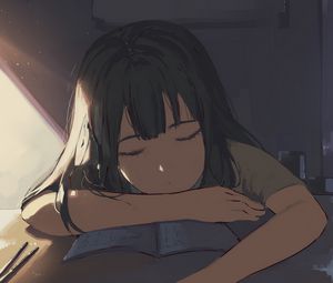 Preview wallpaper girl, sleep, study, anime
