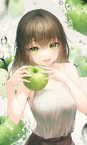 Preview wallpaper girl, smile, apples, water, drops, anime