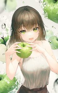 Preview wallpaper girl, smile, apples, water, drops, anime