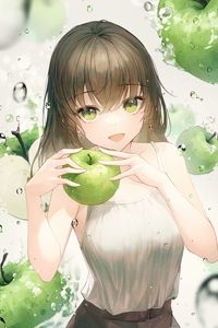 Preview wallpaper girl, smile, apples, water, drops, anime