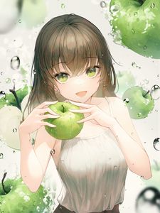 Preview wallpaper girl, smile, apples, water, drops, anime