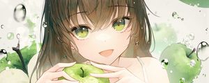 Preview wallpaper girl, smile, apples, water, drops, anime