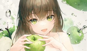 Preview wallpaper girl, smile, apples, water, drops, anime